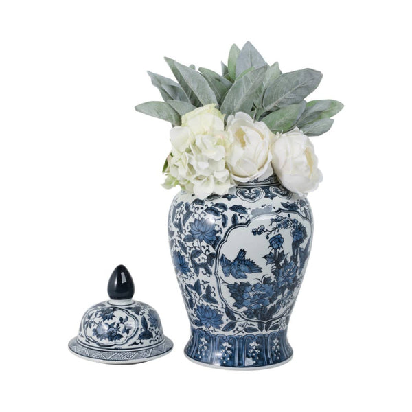 Hand-Painted Ceramic Floral Temple Vase in Cobalt Blue