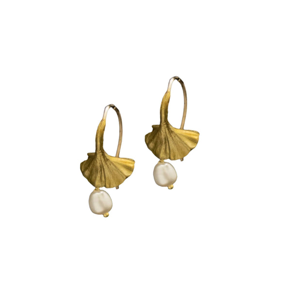 Ginkgo Wire Earrings with Pearl Drop