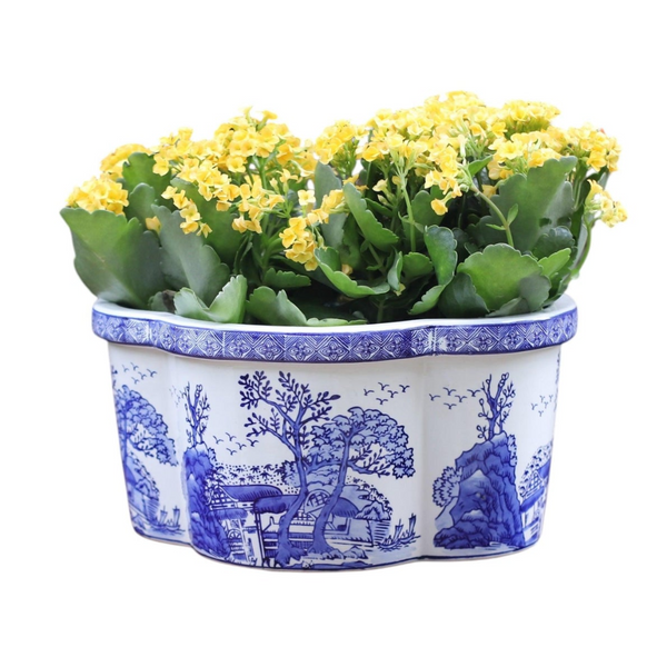 13.25" Blue and White Landscape Oval Planter