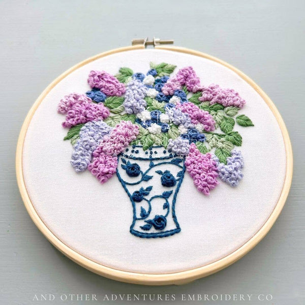 Periwinkle Lilacs in Ginger Jar -Intermediate Hand Embroidery Kit