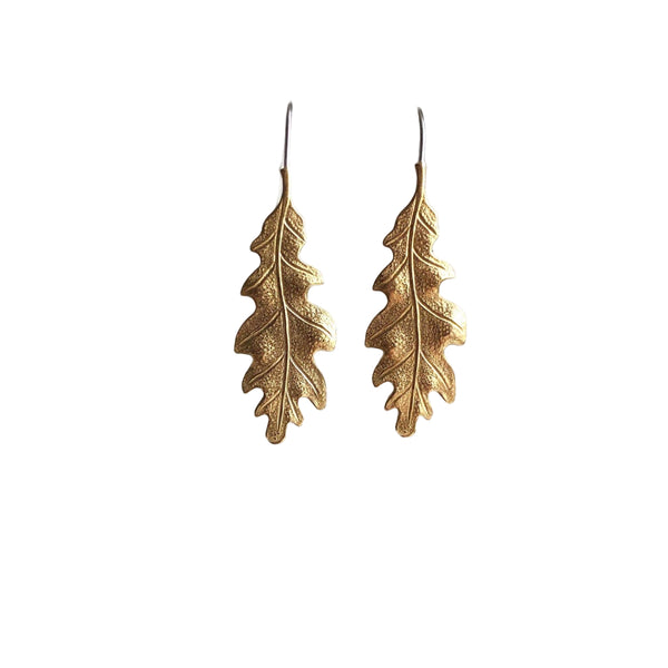 Raw Brass Oak Leaf Earrings: Small