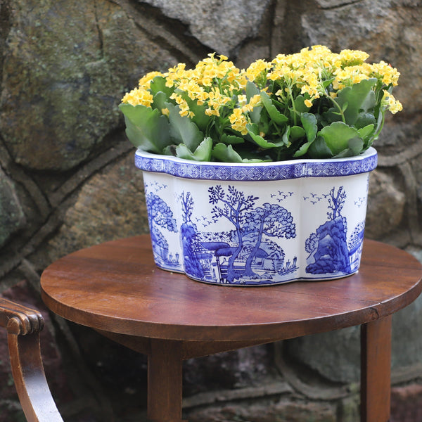 13.25" Blue and White Landscape Oval Planter