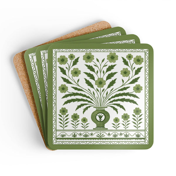 Green Floral Vase Chinoiserie Corkwood Coasters S/4