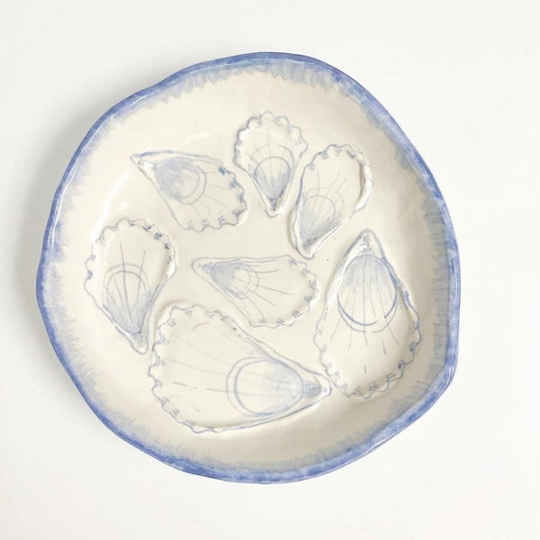 Blue White Hand-Painted Oyster Plate by Carolina Creamware