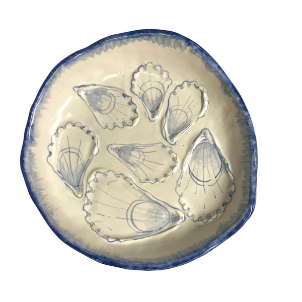 Blue White Hand-Painted Oyster Plate by Carolina Creamware