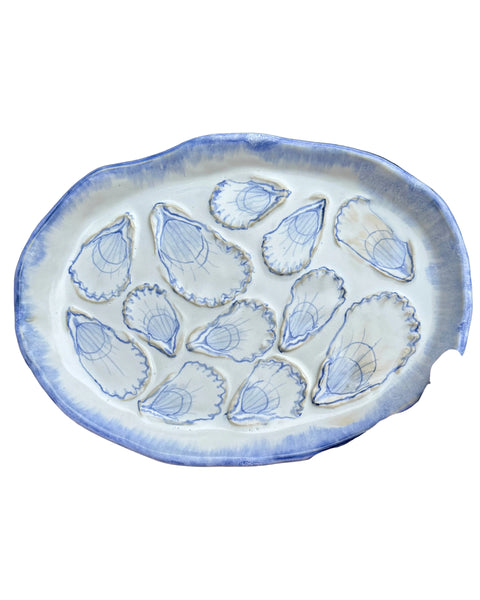 Blue White Hand-Painted Oyster Plate by Carolina Creamware