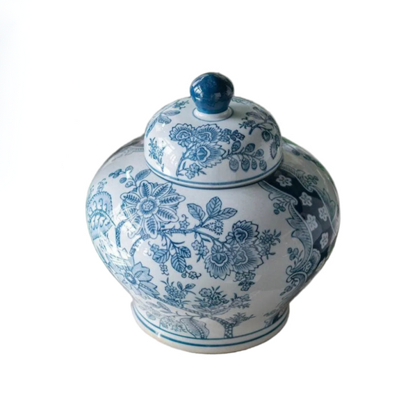 Porcelain Lidded Jar with Blue and White Floral Patterns