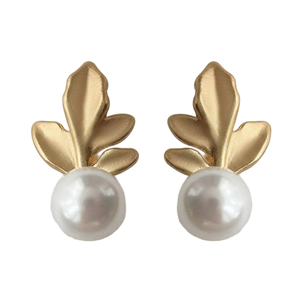 Elegant Leaf Design Pearl Drop Earrings