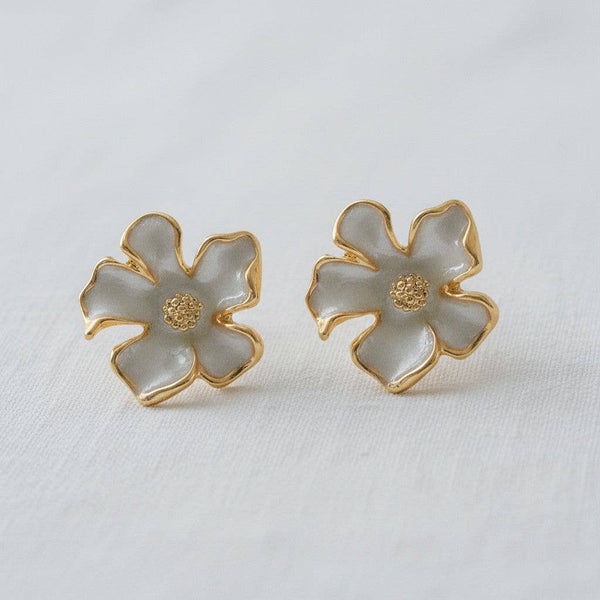 French Enamel Gardenia Stud Earrings