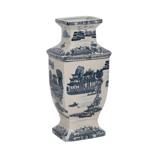14" Blue and White Chinoiserie Stoneware Vase