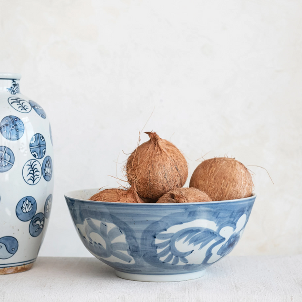 Blue & White Hand-Painted Stoneware Bowl