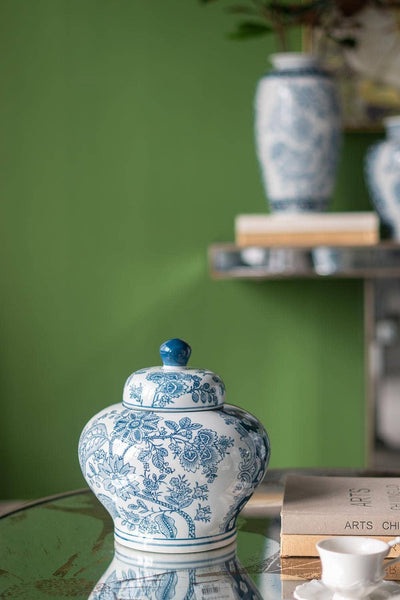 Porcelain Lidded Jar with Blue and White Floral Patterns
