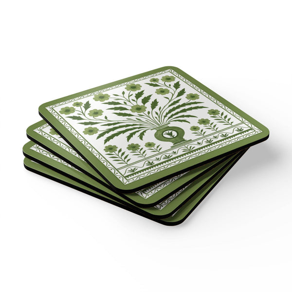Green Floral Vase Chinoiserie Corkwood Coasters S/4