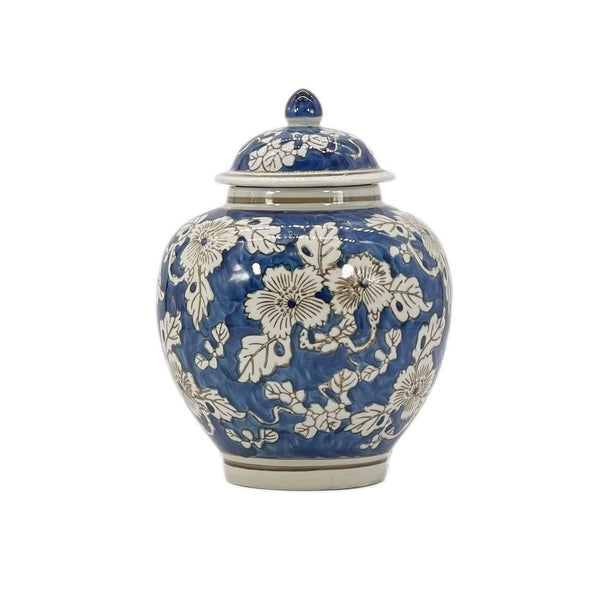 Blue & White Chinoiserie Floral Jar 10"