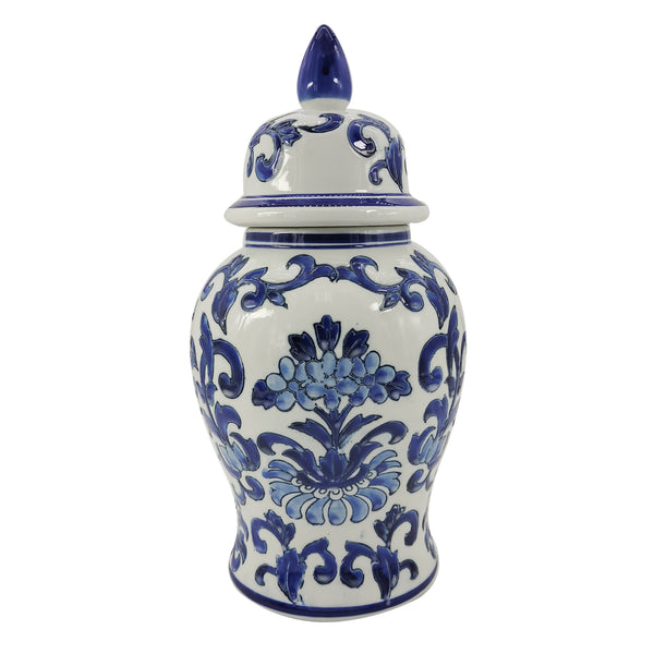 Blue & White Chinoiserie Ceramic Temple Jar 14"