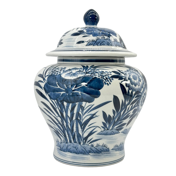 Blue & White Bamboo Floral Wide Ceramic Ginger Jar 15.5"